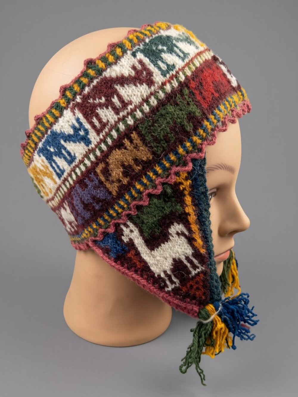 Andean Woven Wool Headband with Earflaps, Llamas, and Pom-poms
